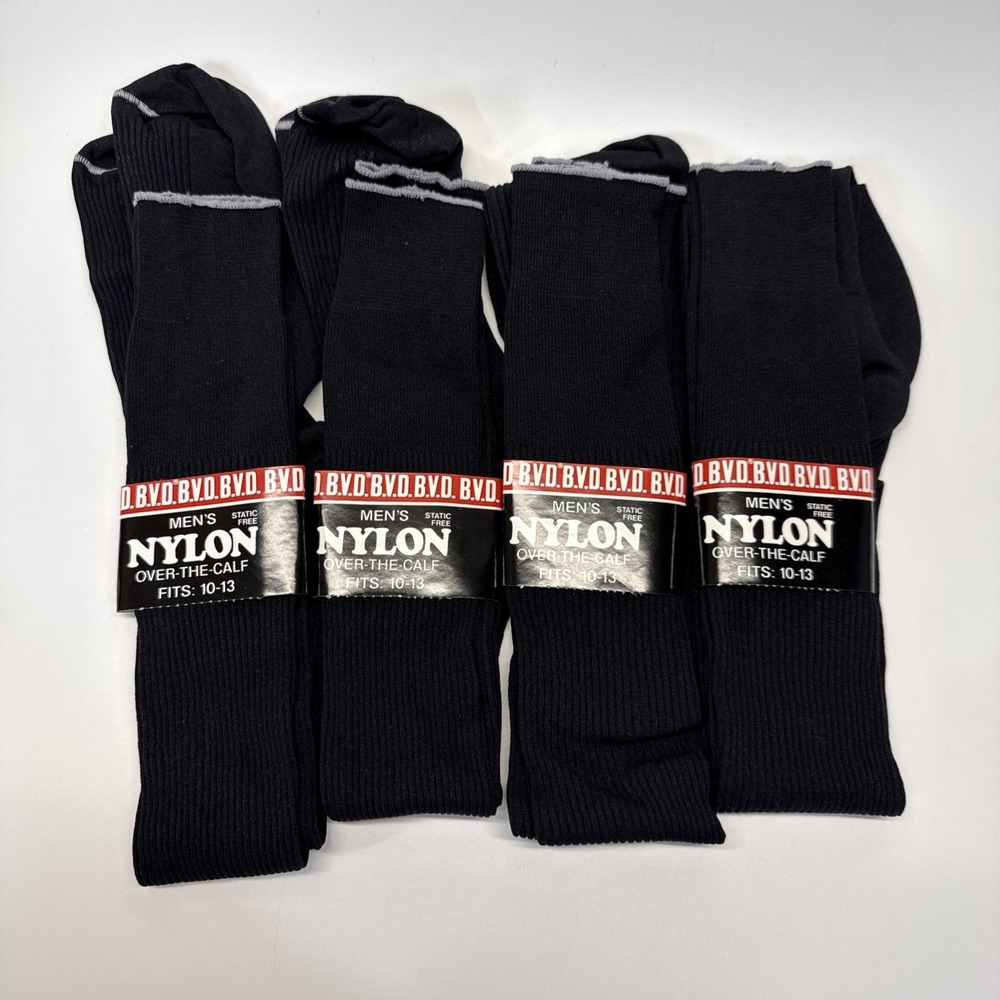 (4) Vintage BVD Nylon Over Calf Socks Black Size 10-13 Made in USA NWT
